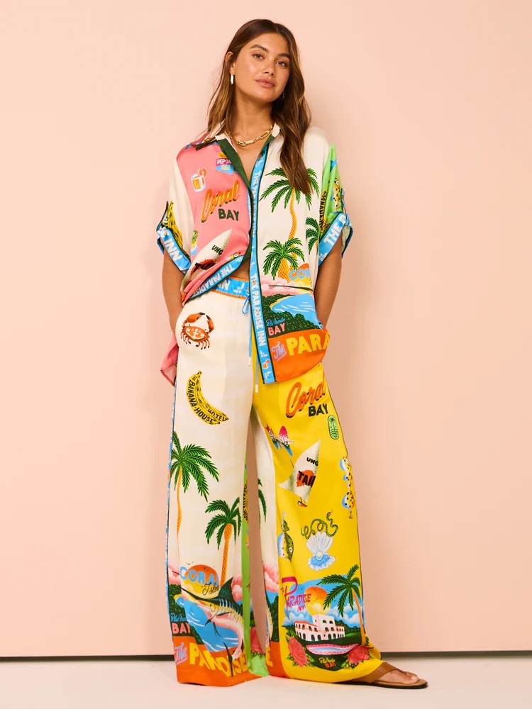 European and American cross-border 2024 shopify AliExpress fashion personalized printed short-sleeved color matching vacation casual lanyard suit