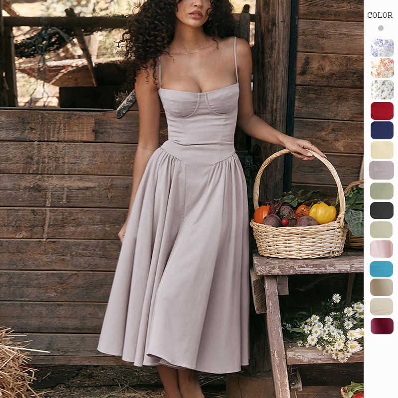 Summer skirt new style French retro long skirt palace style dopamine wear suspender dress for women