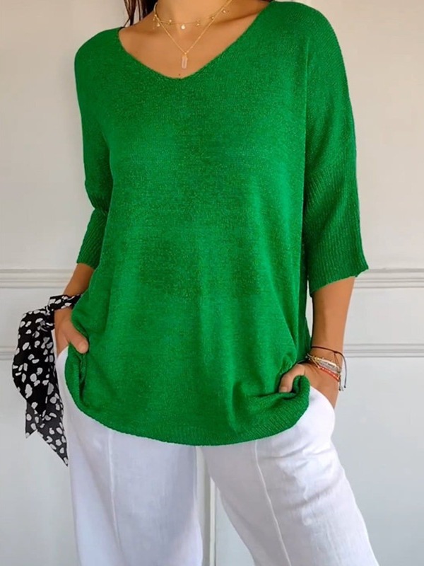 Knitted sweater casual sweater basic slim V-neck three-quarter sleeve solid color knitted sweater women's bottoming shirt
