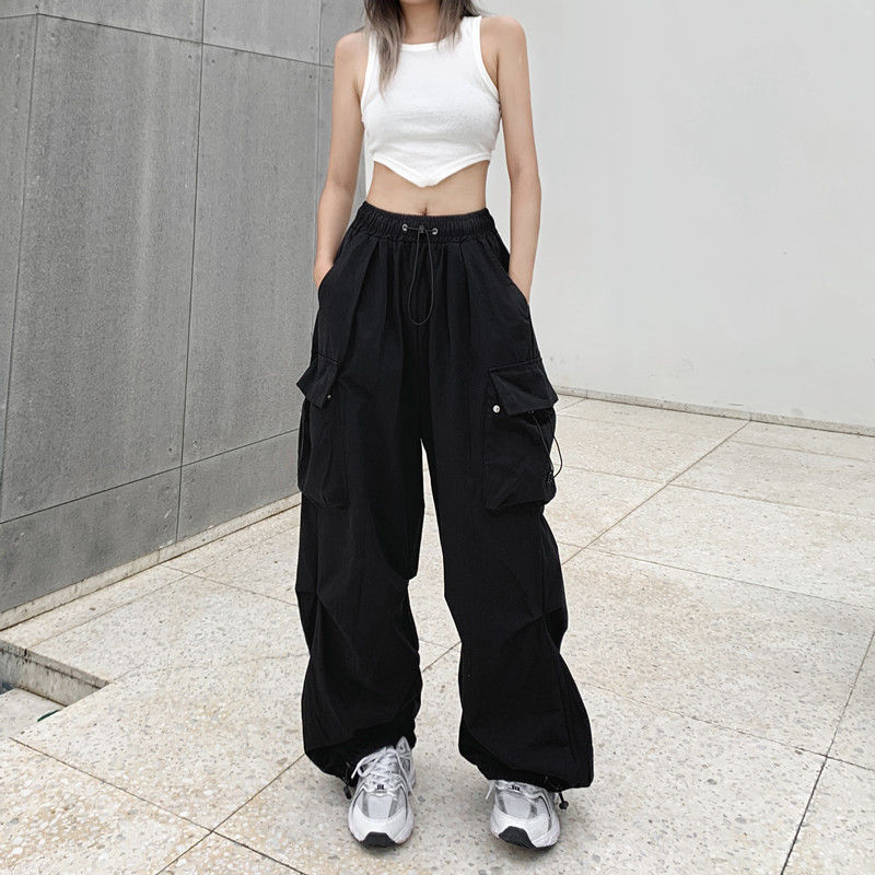 American retro workwear casual pants women's summer versatile straight drape leg trousers loose wide-leg pants ins