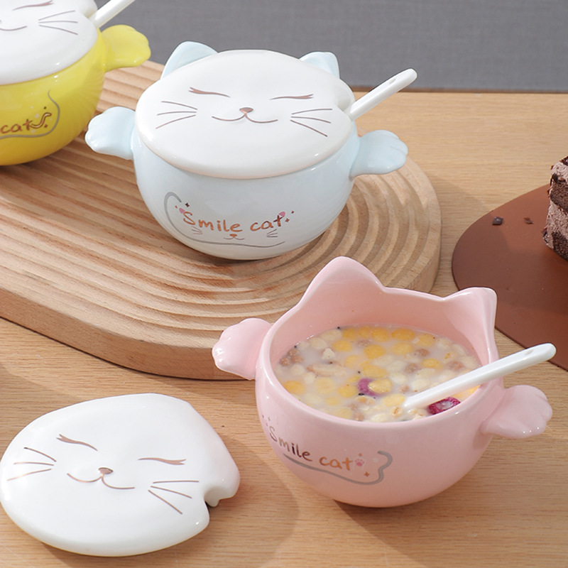 Salad bowl ceramic bowl cute cat shape yogurt bowl small bowl dessert bowl children's rice bowl double ear bowl oatmeal bowl